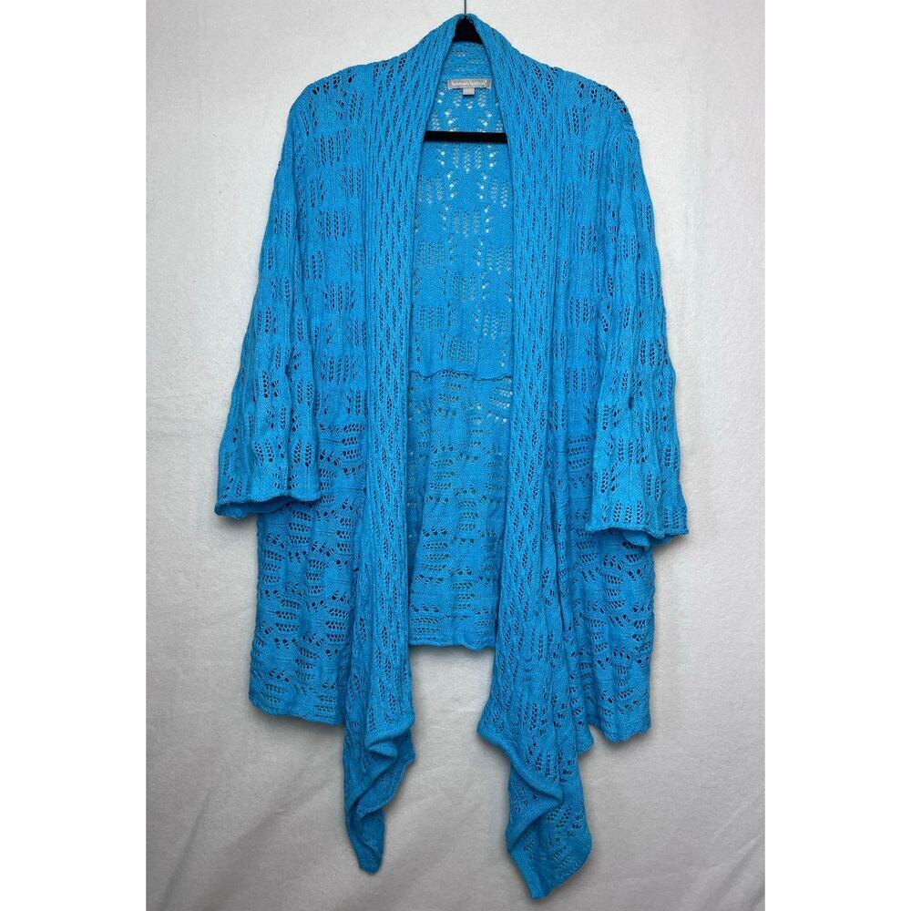Woman Within Blue Open Weave 3/4 Sleeve Cascading Front Open Cardigan Size 1X